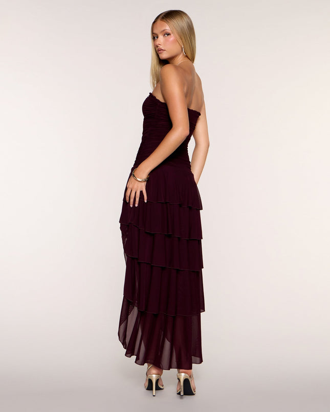 Ruffle Theory Ruched Strapless High Slit Maxi Dress