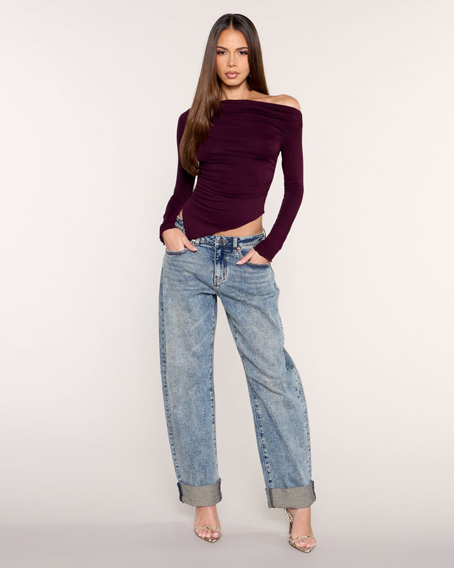 Side Note Asymmetric Off-Shoulder Long Sleeve Top