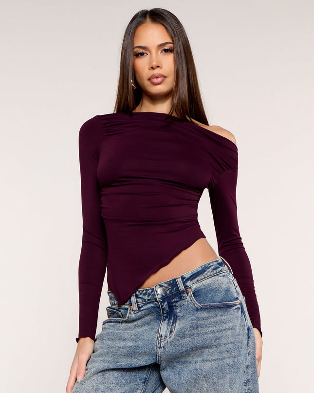 Side Note Asymmetric Off-Shoulder Long Sleeve Top