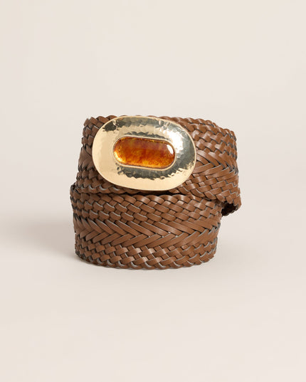 Retro Wrapped Woven Faux Leather Stone Buckle Belt
