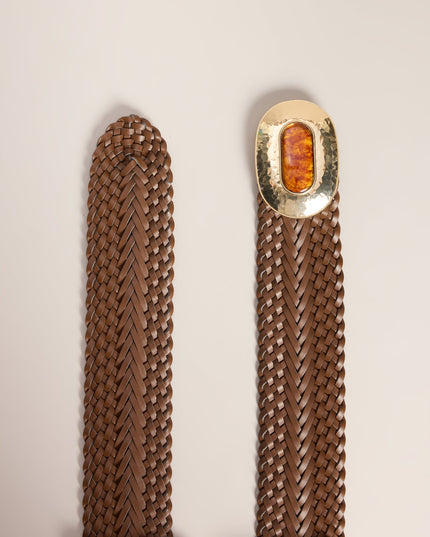 Retro Wrapped Woven Faux Leather Stone Buckle Belt